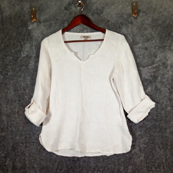 Flax  White Blouse with Cuffed Sleeves and 3/4 Length Lagenlook Linen Size P/S - Picture 1 of 12